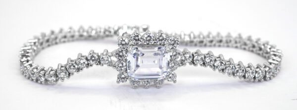 925 Sterling Silver Flower Bracelet with Large Zircon Center Stone and Zircon Accents