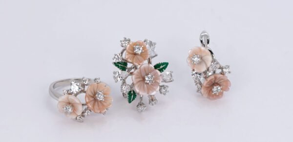 "Enchanted Garden" - A Handcrafted 925 Silver Flower Ring & Earrings Set with Rose Gold Accents and Green Leaf Detailing.