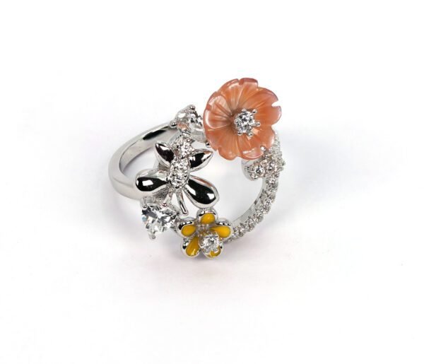 Stunning Silver Ring Blooming with Yellow and Rose Gold Flowers and Sparkling Zircon Stones