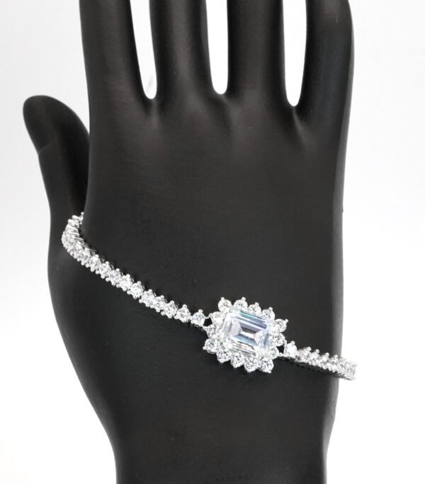 925 Sterling Silver Flower Bracelet with Large Zircon Center Stone and Zircon Accents - Image 2