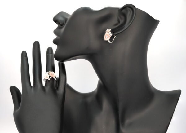 "Enchanted Garden" - A Handcrafted 925 Silver Flower Ring & Earrings Set with Rose Gold Accents and Green Leaf Detailing. - Image 2