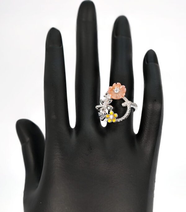 Stunning Silver Ring Blooming with Yellow and Rose Gold Flowers and Sparkling Zircon Stones - Image 2