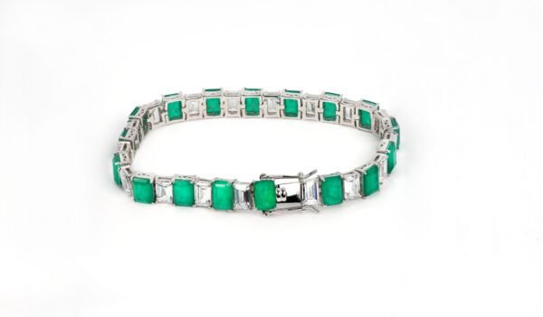 Exquisite Sterling Silver Bracelet with Zircon and Simulated Emerald Stones - Image 3