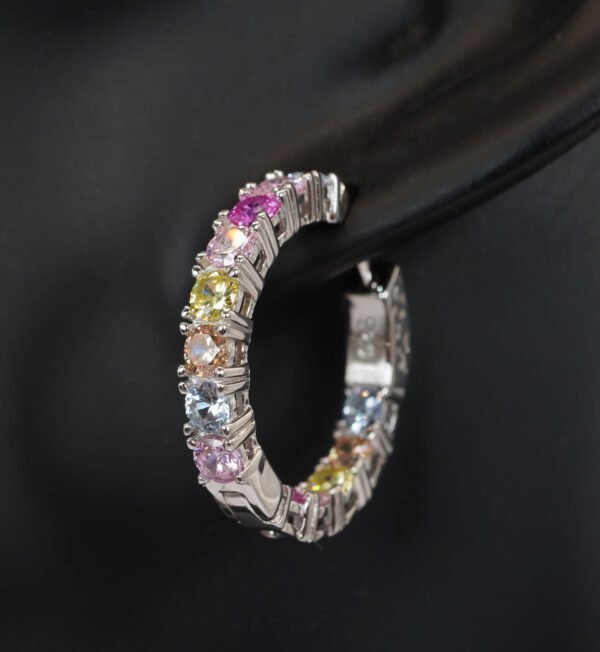 925 Sterling Silver Hoop Earrings Colorful Cubic Zirconia Rainbow Hoop Earrings - Image 2