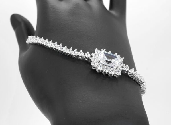 925 Sterling Silver Flower Bracelet with Large Zircon Center Stone and Zircon Accents - Image 3