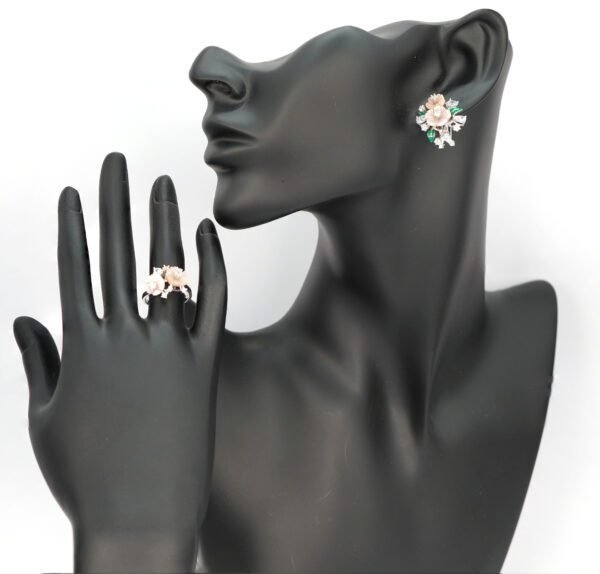 "Enchanted Garden" - A Handcrafted 925 Silver Flower Ring & Earrings Set with Rose Gold Accents and Green Leaf Detailing. - Image 3