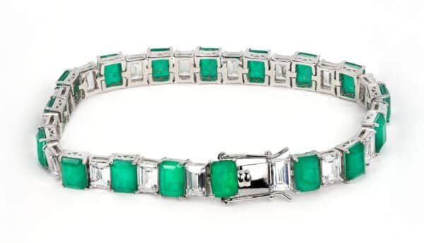 Exquisite Sterling Silver Bracelet with Zircon and Simulated Emerald Stones