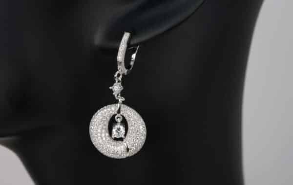 Zircon-Studded Sterling Silver Hoop Earrings with Central Stone - Image 2