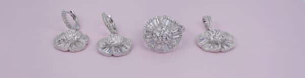 Sparkling Sterling Silver Jewelry Set with Zircon Flowers - Ring, Earrings, and Necklace