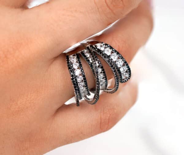 Sparkling Sterling Silver Ring with Black and Clear Zircon Stones in a Bold 4-Line Design