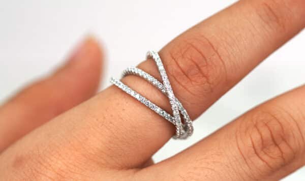 Stunning Sterling Silver Cross Over Ring with Zircon Stones - Unique 3-Ring Design