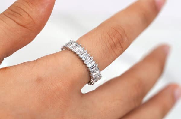 Sterling Silver Ring with Double Row Zircon Stone Circle and Rectangular Sides All Around
