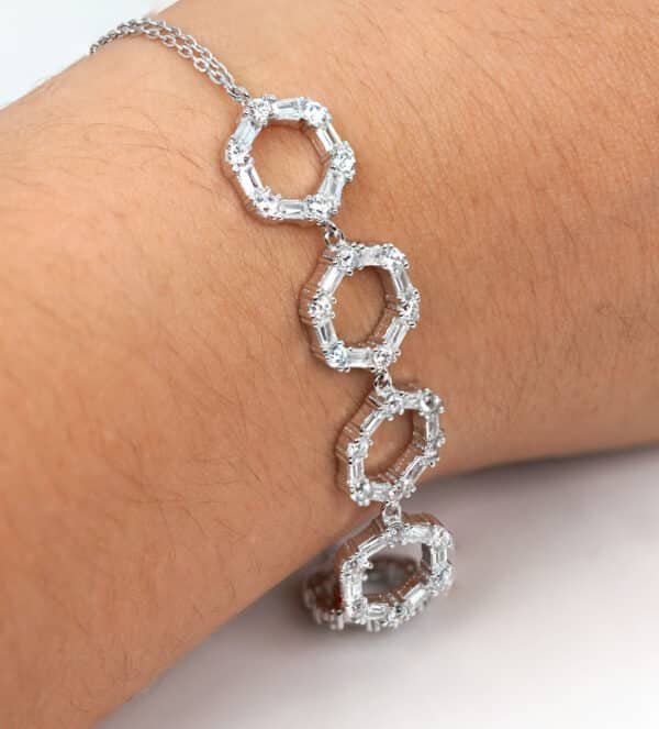 Adjustable Hexagon Sterling Silver Bracelet with 5 Multishaped Zircon Stones for a Bold and Dazzling Look