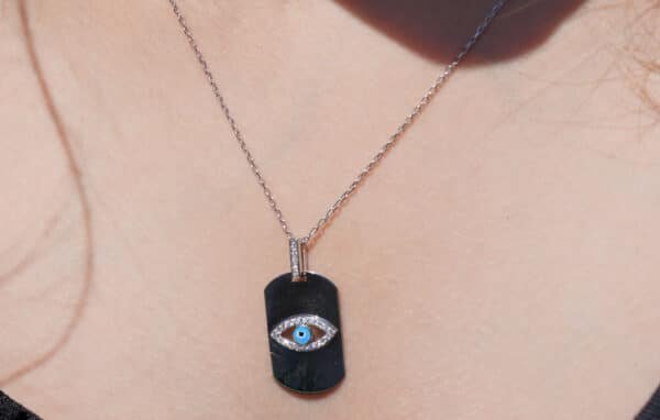 Unique Sterling Silver Soldier Badge Necklace with Blue Eye Design