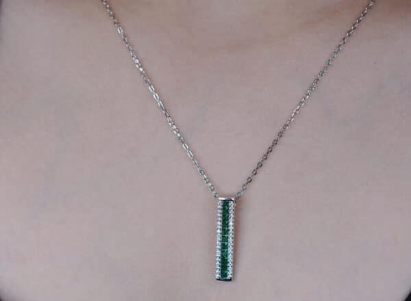 Stunning Sterling Silver Necklace with Upright Rectangular Zircon and Simulated Emerald Stones
