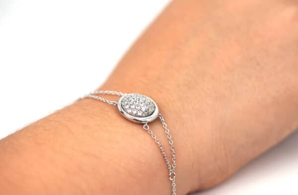 Stunning Sterling Silver Bracelet with Circle Centerpiece and Sparkling Zircon Stones, Supported by Dual Chains