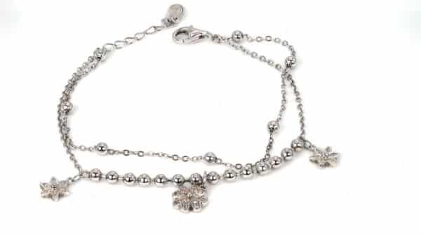 Flower-inspired Sterling Silver Bracelet with Zircon Stones and Polished Silver Beads - Image 2