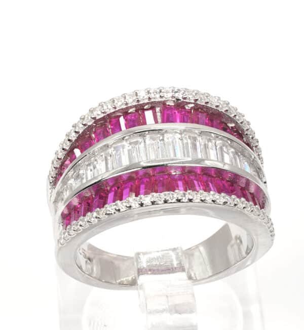 Stunning Sterling Silver Ring with Vibrant Fuchsia Zircon Gemstones and Sparkling Synthetic Stone Accents - Image 3