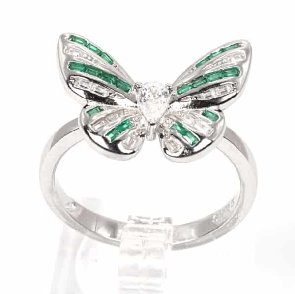 Exquisite Sterling Silver Butterfly Ring with Sparkling Simulated Emerald and Zircon Stones - Image 3
