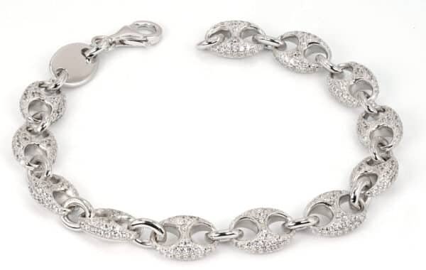 Elegant Sterling Silver Bracelet with Sparkling Zircon Stones and Unique Double Chain Design - Image 3