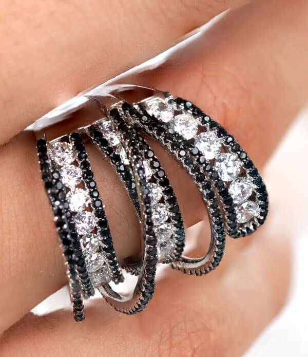 Sparkling Sterling Silver Ring with Black and Clear Zircon Stones in a Bold 4-Line Design - Image 2