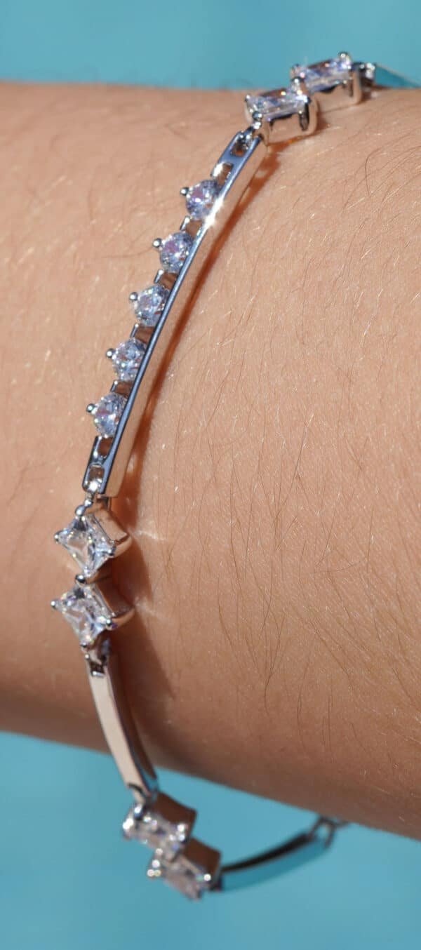 Sparkling Sterling Silver Bracelet with 5 Zircon Center Stones and 2 Large Side Stones on a Track - Image 2