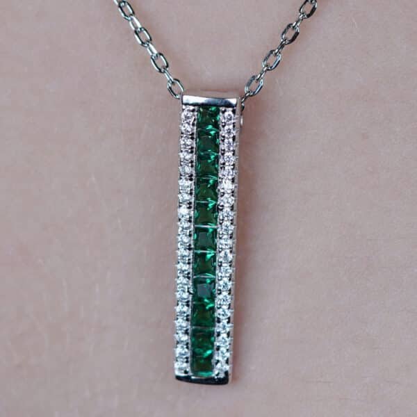 Stunning Sterling Silver Necklace with Upright Rectangular Zircon and Simulated Emerald Stones - Image 2