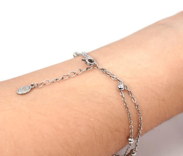 Stunning Sterling Silver Bracelet with Heart Lock and Crown Charms, Adorned with 2 Rows of Elegant Silver Beads - Image 2