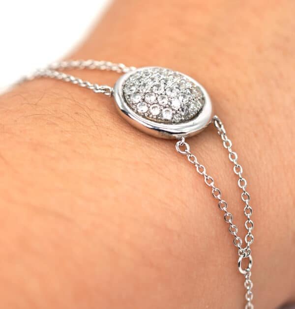 Stunning Sterling Silver Bracelet with Circle Centerpiece and Sparkling Zircon Stones, Supported by Dual Chains - Image 2