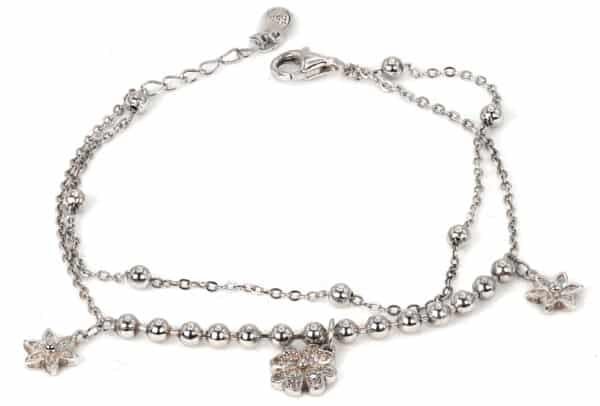 Flower-inspired Sterling Silver Bracelet with Zircon Stones and Polished Silver Beads - Image 3