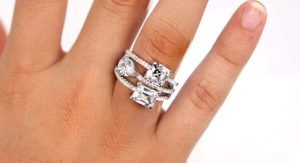 Stunning Sterling Silver Ring with 2 Large Square Zircon Stones, 1 Oval Zircon Stone, and Sparkling Accent Stones