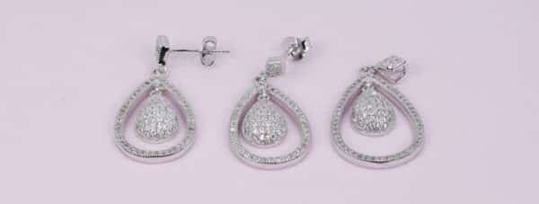 Sparkling Sterling Silver Oval Pendant and Earrings Set with Zircon Stones - Nested Design for a Timeless and Elegant Look