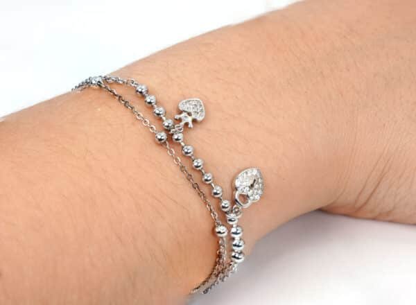 Stunning Sterling Silver Bracelet with Heart Lock and Crown Charms, Adorned with 2 Rows of Elegant Silver Beads - Image 3