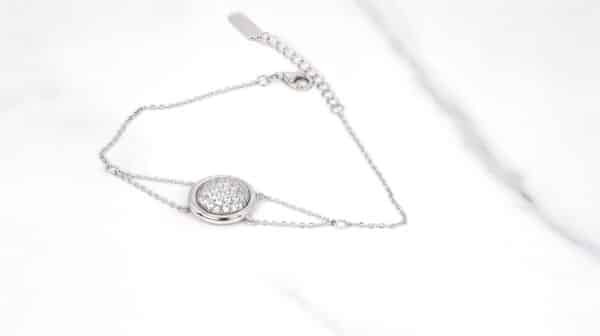 Stunning Sterling Silver Bracelet with Circle Centerpiece and Sparkling Zircon Stones, Supported by Dual Chains - Image 3
