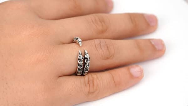 Unique Sterling Silver Ring with Scorpion Tail and Double Skull Design