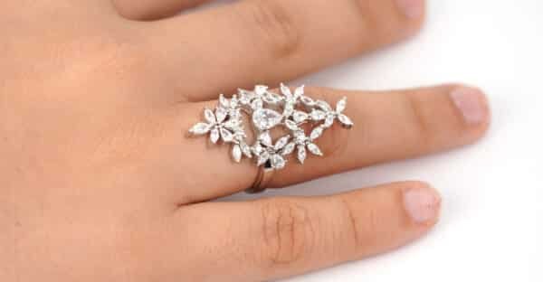 Sparkling Sterling Silver Ring with Stunning Zircon Stones in a Long, Eye-Catching Design