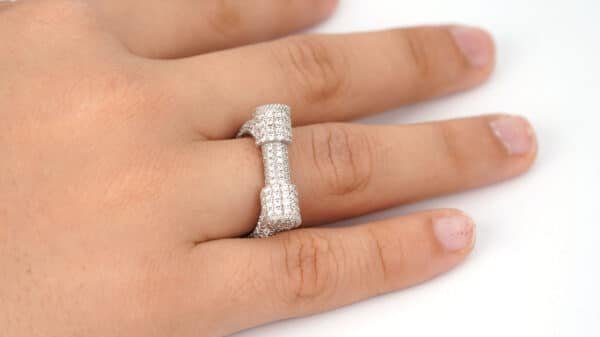 Unique Sterling Silver Ring with Dumbbell Design and Sparkling Zircon Stones Engraved All Around