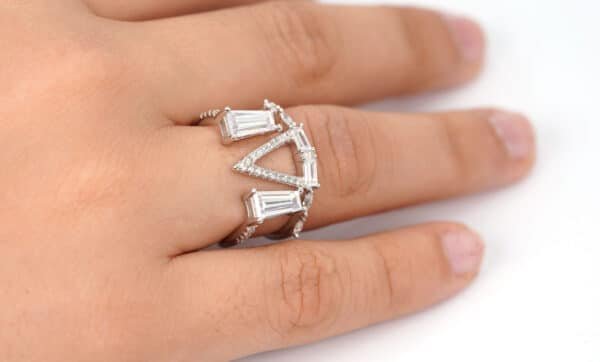 Statement Sterling Silver Ring with V-Shaped Design and Sparkling Rectangular Zircon Stones