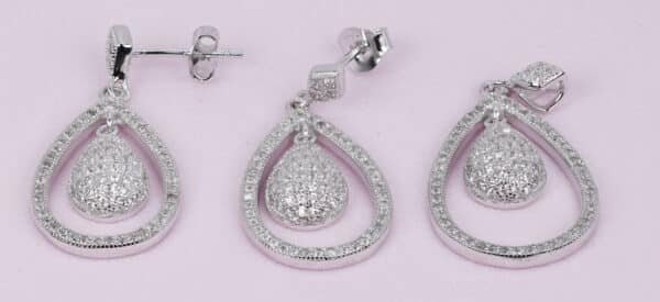 Sparkling Sterling Silver Oval Pendant and Earrings Set with Zircon Stones - Nested Design for a Timeless and Elegant Look - Image 4
