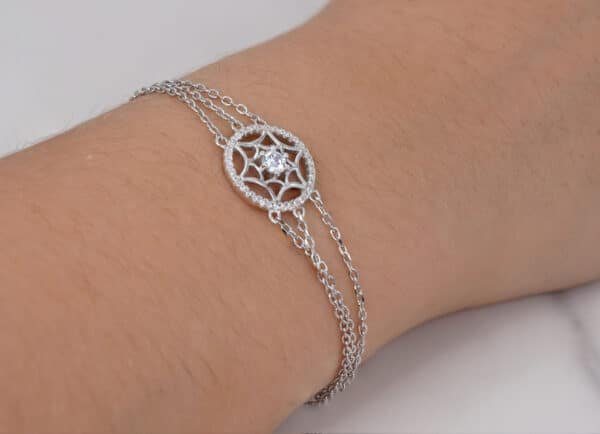 Stunning Sterling Silver Bracelet with Sparkling Zircon Stones and Spider Web Design, featuring a Large Center Stone