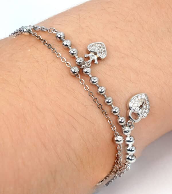 Stunning Sterling Silver Bracelet with Heart Lock and Crown Charms, Adorned with 2 Rows of Elegant Silver Beads - Image 4