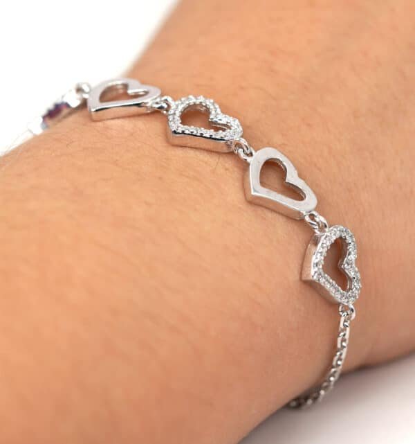 Elegant Sterling Silver Bracelet with 5 Heart Charms - 3 adorned with Zircon Stones and 2 Polished Silver Hearts Adjustable - Image 2