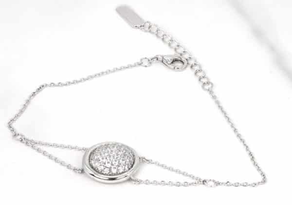 Stunning Sterling Silver Bracelet with Circle Centerpiece and Sparkling Zircon Stones, Supported by Dual Chains - Image 4