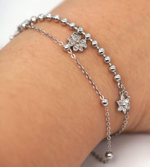 Flower-inspired Sterling Silver Bracelet with Zircon Stones and Polished Silver Beads - Image 4