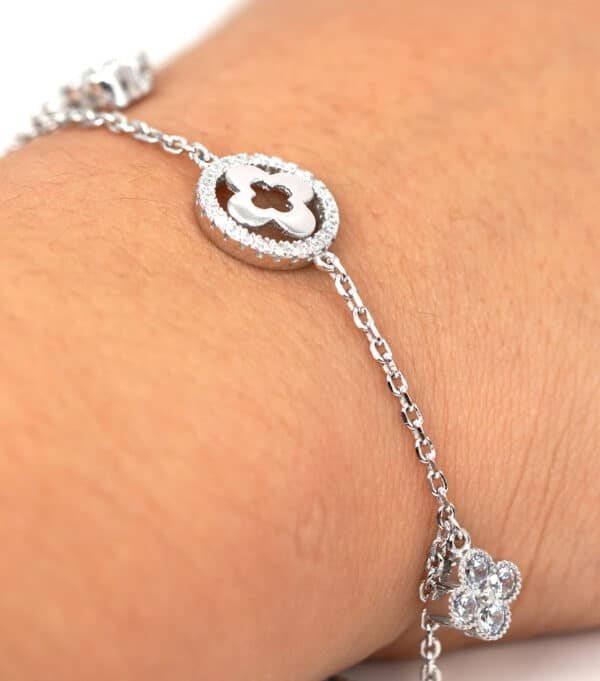 Stunning Sterling Silver Bracelet with Intricate Circle and Flower Design, Adorned with Sparkling Zircon Stone - Image 4