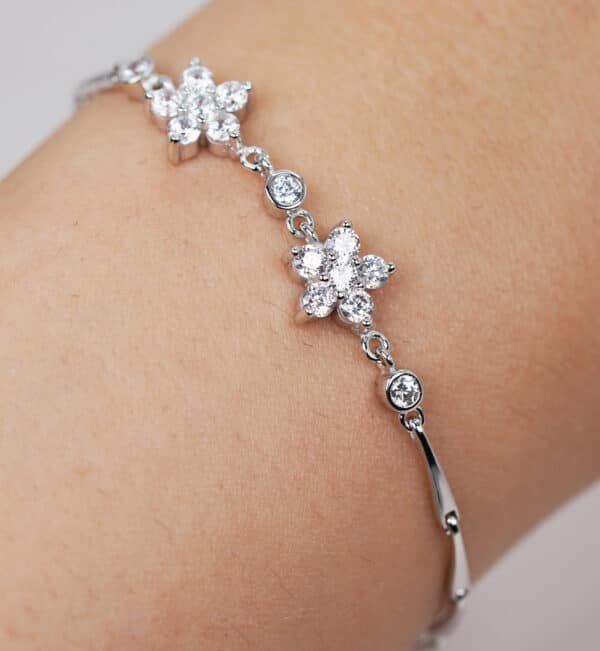 Floral and Geometric Zircon Sterling Silver Bracelet with Cornet Accents - Image 4