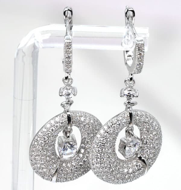 Zircon-Studded Sterling Silver Hoop Earrings with Central Stone - Image 5