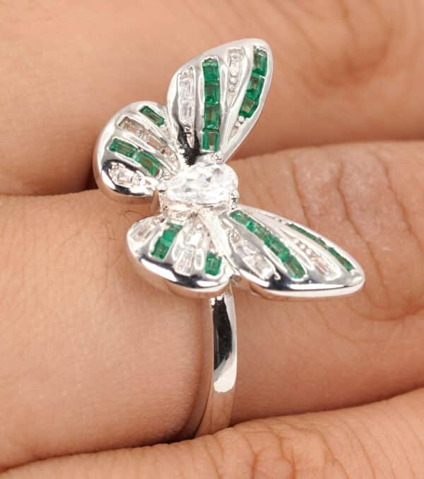 Exquisite Sterling Silver Butterfly Ring with Sparkling Simulated Emerald and Zircon Stones - Image 4