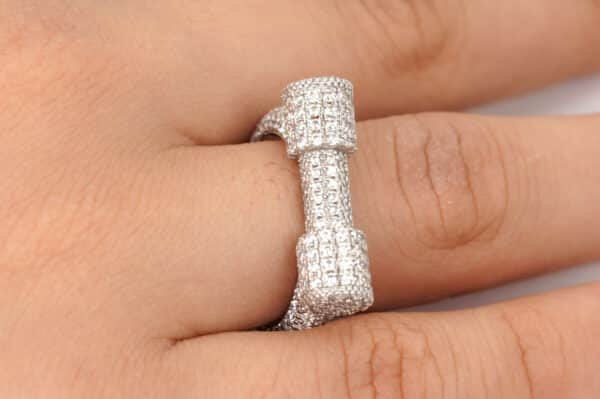 Unique Sterling Silver Ring with Dumbbell Design and Sparkling Zircon Stones Engraved All Around - Image 4