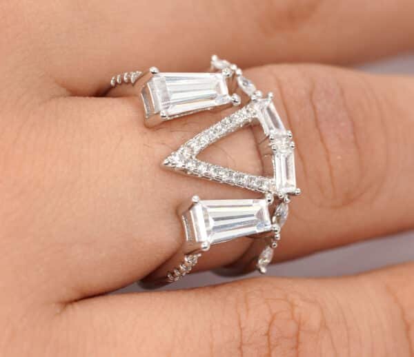 Statement Sterling Silver Ring with V-Shaped Design and Sparkling Rectangular Zircon Stones - Image 4